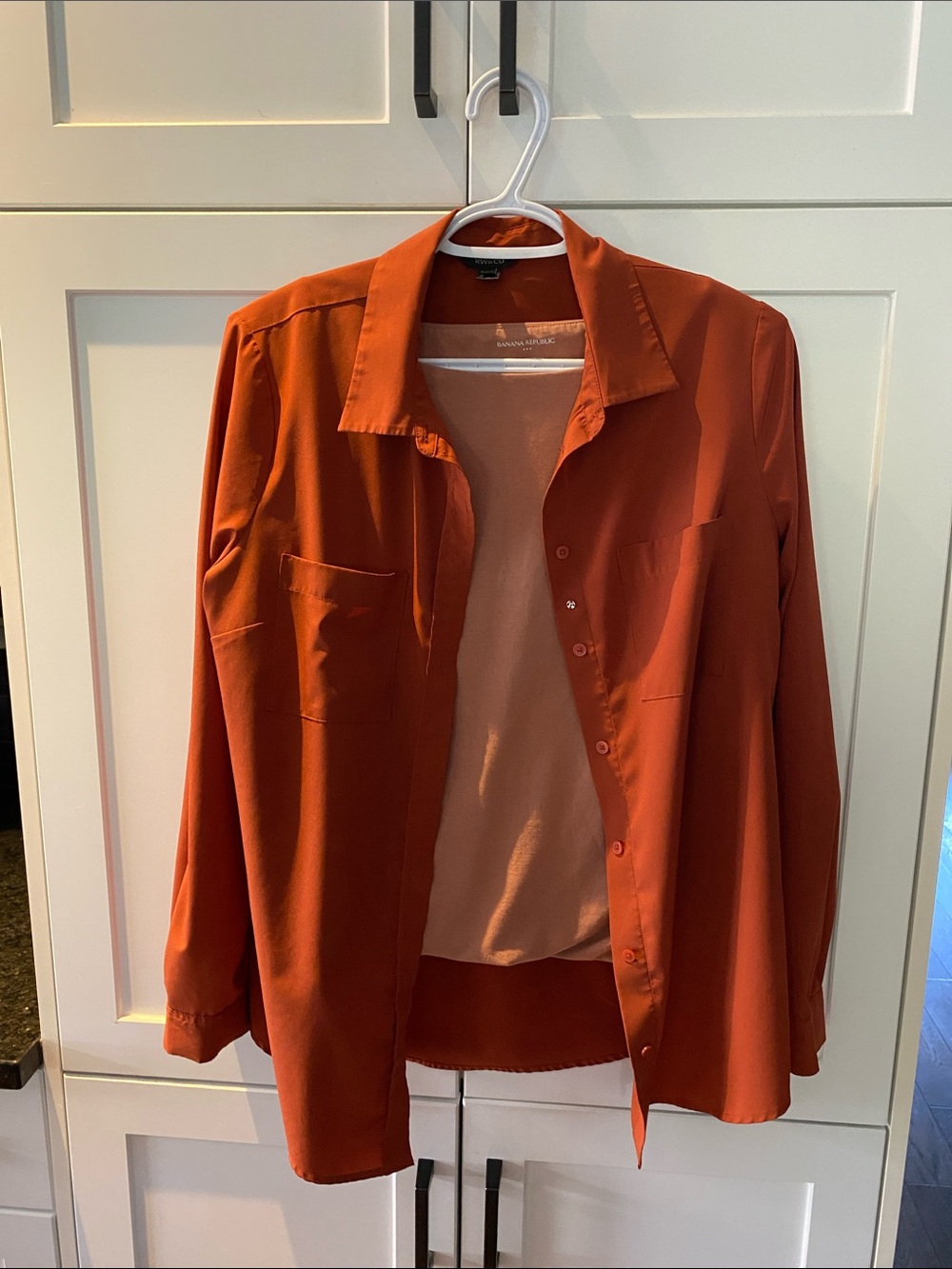 Women's Rust Orange Button-Up Shirt with lighter coloured layered top underneath